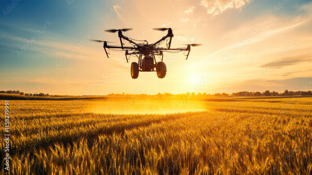 Fototapeta premium drone flying over golden wheat field at sunset, capturing beauty of agriculture. scene showcases technology in farming, highlighting innovation and nature harmony