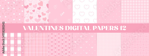 Soft pink Valentines day seamless patterns collection. Romantic heart motifs, bows, and plaid backgrounds. Perfect digital papers for love themed designs.