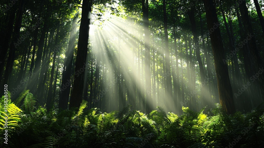 Obraz premium Enchanted Forest Tranquility - Towering Trees, Lush Ferns, Soft Sunlight Illumination