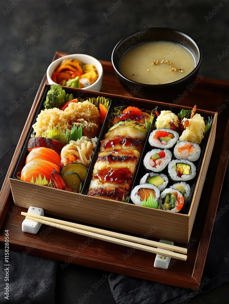 Japanese Bento Box with Sushi and Tempura Japanese Bento Box with Sushi and Tempura