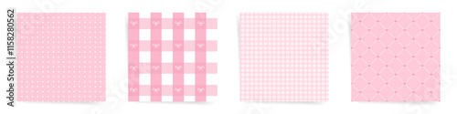 Set of pink seamless patterns. Polka dots, gingham with bows, plaid, and diamond hearts. Perfect Valentines day backgrounds for love themed creative projects.