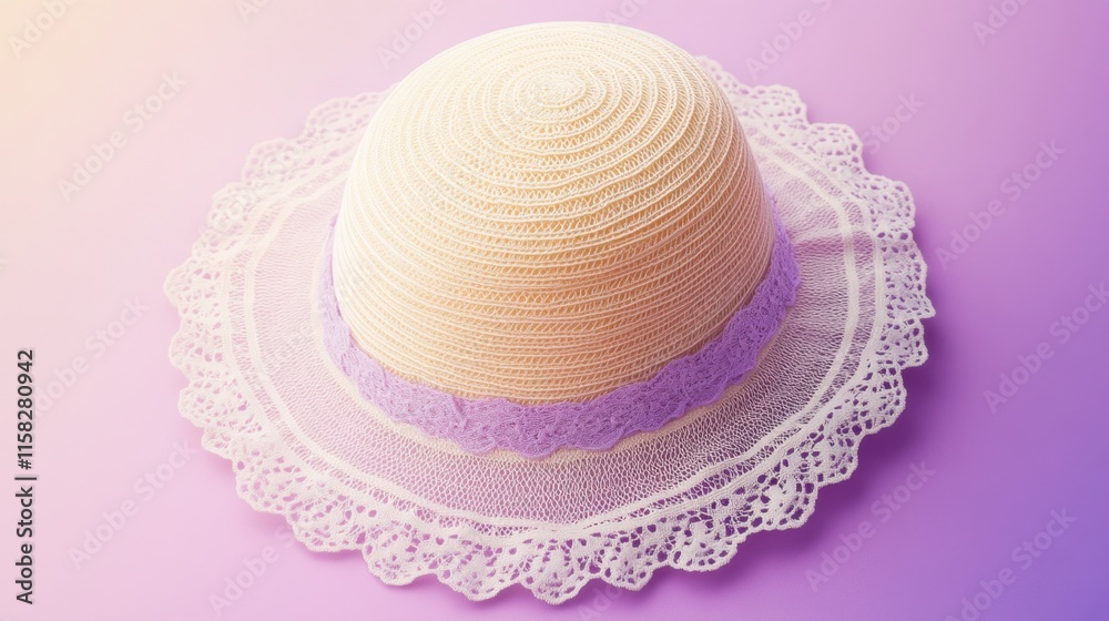 Elegant Straw Hat with Lace Trim on Soft Pastel Background Elegant Straw Hat with Lace Trim on Soft Pastel Background