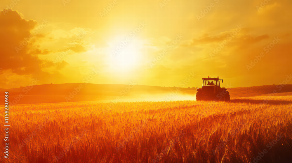 Fototapeta premium tractor works in vibrant wheat fields under golden sunset, creating serene agricultural scene. warm light enhances beauty of landscape, evoking sense of tranquility