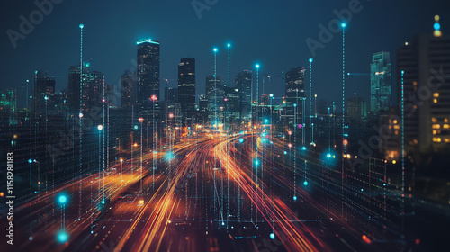 Smart Innovation city with connection cyber security network reciprocity over the night cityscape future wireless digital city and social media networking systems that connects people in the city