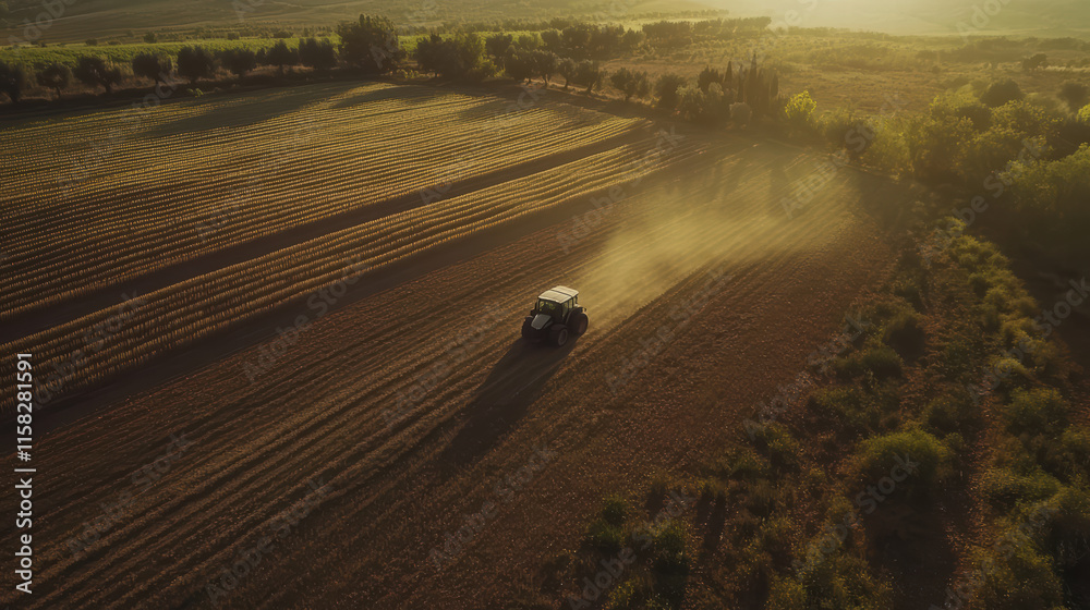 Obraz premium Aerial view of tractor working in golden wheat fields at sunset, creating dust clouds. lush landscape showcases beauty of agriculture and farming life