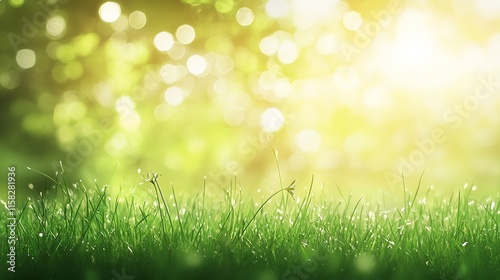 Bright sunny day with lush natural green grass field, soft blurred bokeh background, and radiant sunlight illuminating a peaceful outdoor landscape