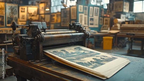  A vintage printing press in action, with printed pictures on paper being created from woodblock printers, with a shallow depth of field, using natural light, in a cinematic style