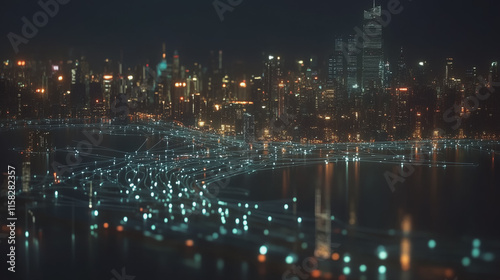 Wallpaper Mural Smart Innovation city with connection cyber security network reciprocity over the night cityscape future wireless digital city and social media networking systems that connects people in the city Torontodigital.ca