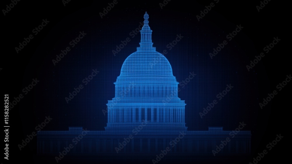 energy policy legislation concpt. Digital blueprint of a U.S. Capitol building in glowing blue lines.