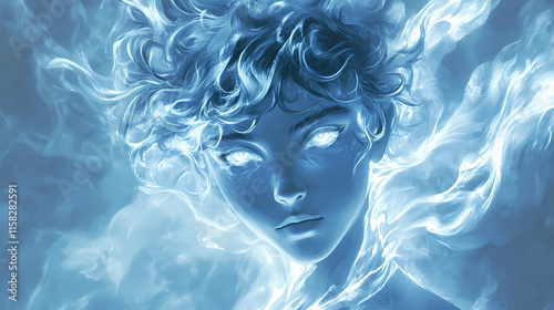 A soft blue and white illustration of an anime boy with glowing eyes and windswept hair, evoking a serene yet mystical atmosphere. Windswept. Illustration photo