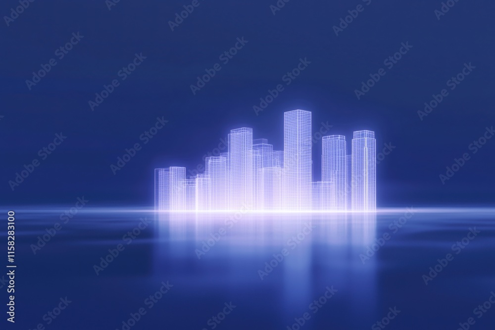 Fototapeta premium energy policy legislation concpt. Futuristic city skyline with glowing buildings reflected on water.