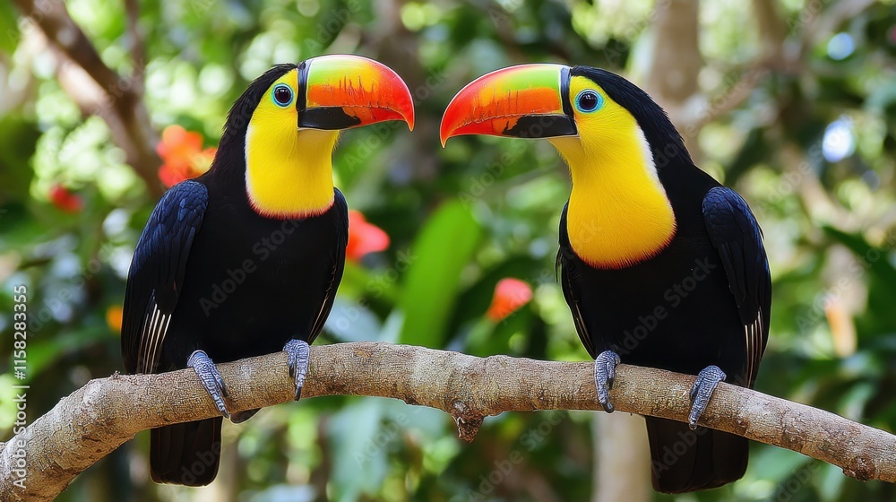 Fototapeta premium Vibrant Birds Perched in a Lush Jungle Setting