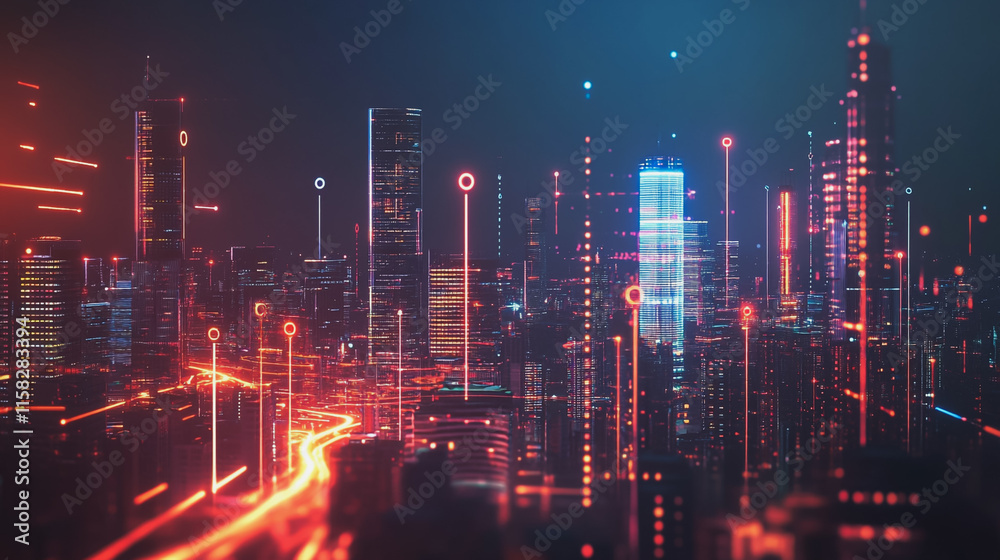 Fototapeta premium Smart Innovation city with connection cyber security network reciprocity over the night cityscape future wireless digital city and social media networking systems that connects people in the city