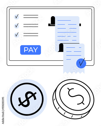 Digital payment interface with transaction receipt, pay button, currency coin, and dollar sign. Ideal for finance, e-commerce, online transactions, mobile payments, digital wallets fintech