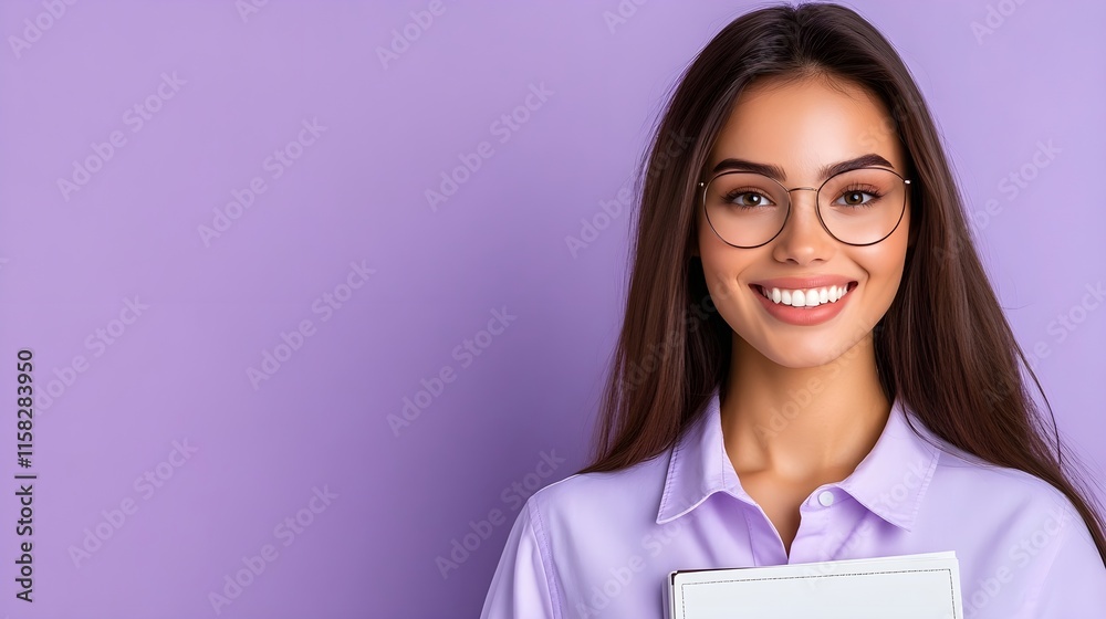 Young woman with glasses smiling and holding a notebook on purple background Young woman with glasses smiling and holding a notebook on purple background