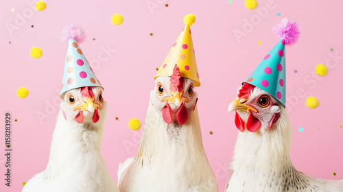 Chickens in colorful party hats celebrating with joy and laughter,   festive scene humor, celebrations, quirky animal themes, birthday  whimsical festive banner web poster design card wallpaper