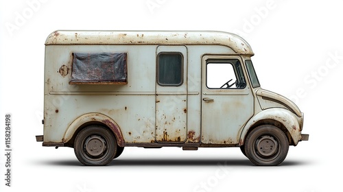 Rusted vintage delivery van, side profile, isolated on white background.