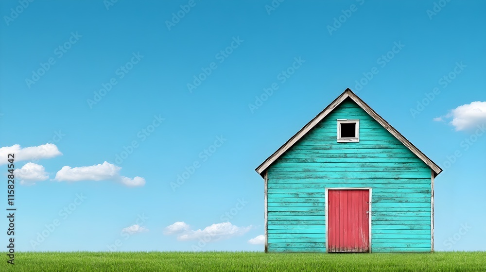 Vibrant Blue House Against Clear Sky with Green Grass Landscape