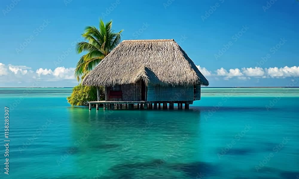 Aerial view of the beach hut amidst the sea surrounded by palm trees Aerial view of the beach hut amidst the sea surrounded by palm trees