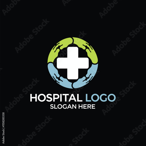 Hospital care logo with cross and hands symbol