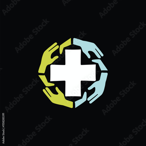 Hospital care logo with cross and hands symbol