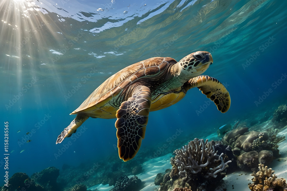 Obraz premium A majestic giant sea turtle gliding gracefully through the crystal-clear waters of the ocean