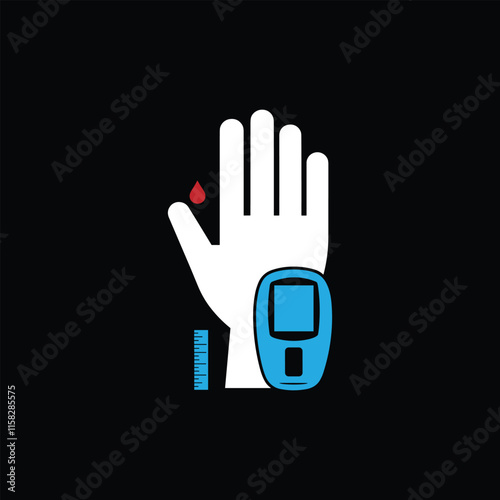 Blood glucose test finger with monitor and drop of blood medical icon