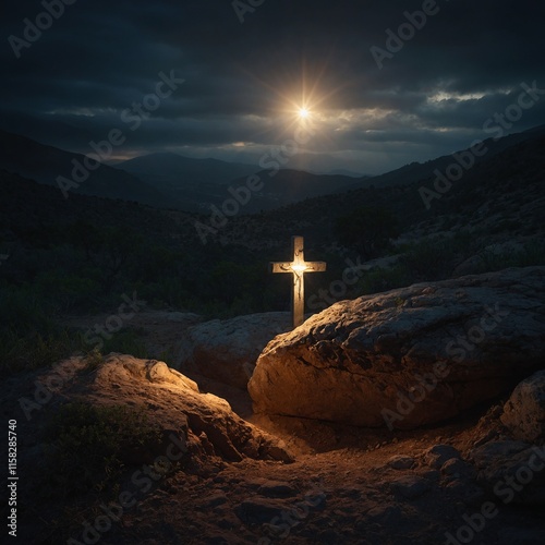 May the sacrifice of our Lord inspire you to live a life of compassion and love. Good Friday blessings! (Background A glowing light shining from an empty tomb.) photo