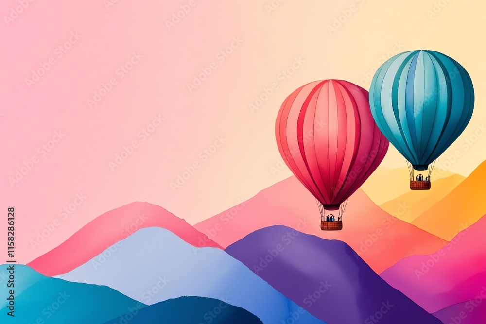 Obraz premium Two colorful hot air balloons float above layered, vibrant mountains under a pastel sky, creating a serene and picturesque landscape.
