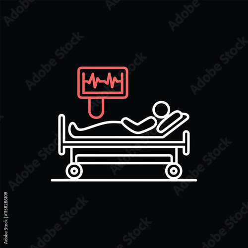 Patient on hospital bed with heart monitor line icon