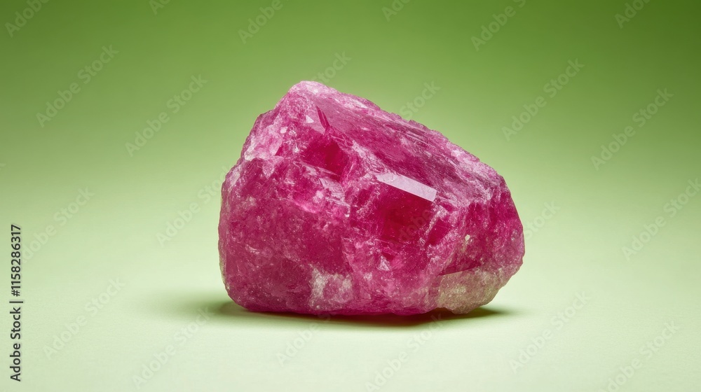 Obraz premium Vibrant Pink Raw Ruby Gemstone on Soft Green Background