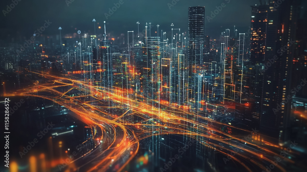 Smart Innovation city with connection cyber security network reciprocity over the night cityscape future wireless digital city and social media networking systems that connects people in the city Smart Innovation city with connection cyber security network reciprocity over the night cityscape future wireless digital city and social media networking systems that connects people in the city