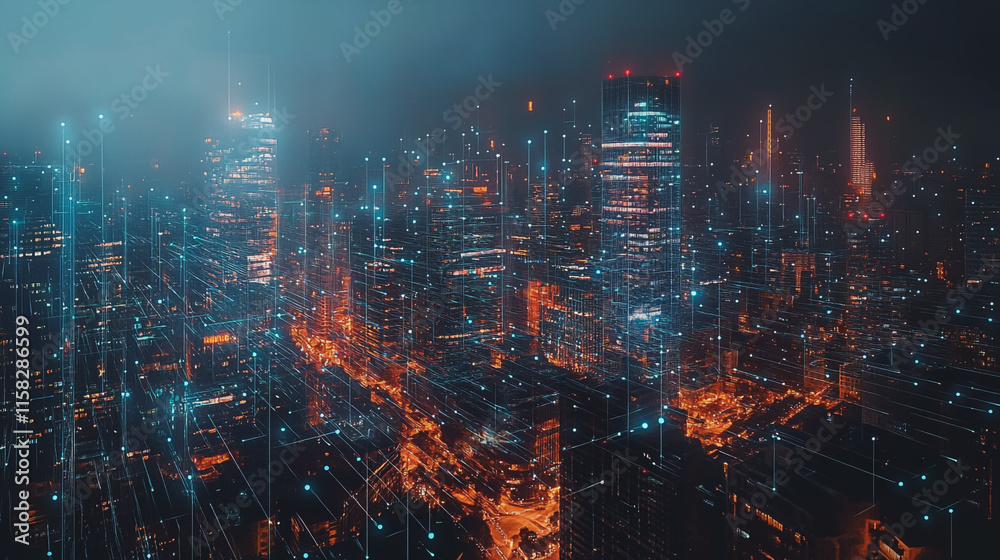 Smart Innovation city with connection cyber security network reciprocity over the night cityscape future wireless digital city and social media networking systems that connects people in the city