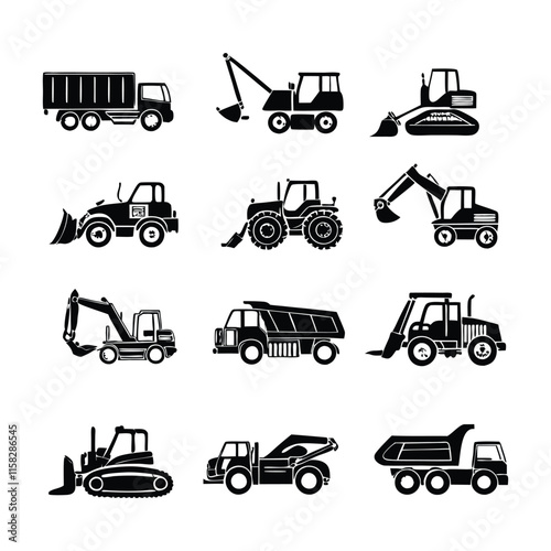 Set of Black Construction Vehicle Silhouettes Featuring Excavators, Dump Trucks, and Loaders