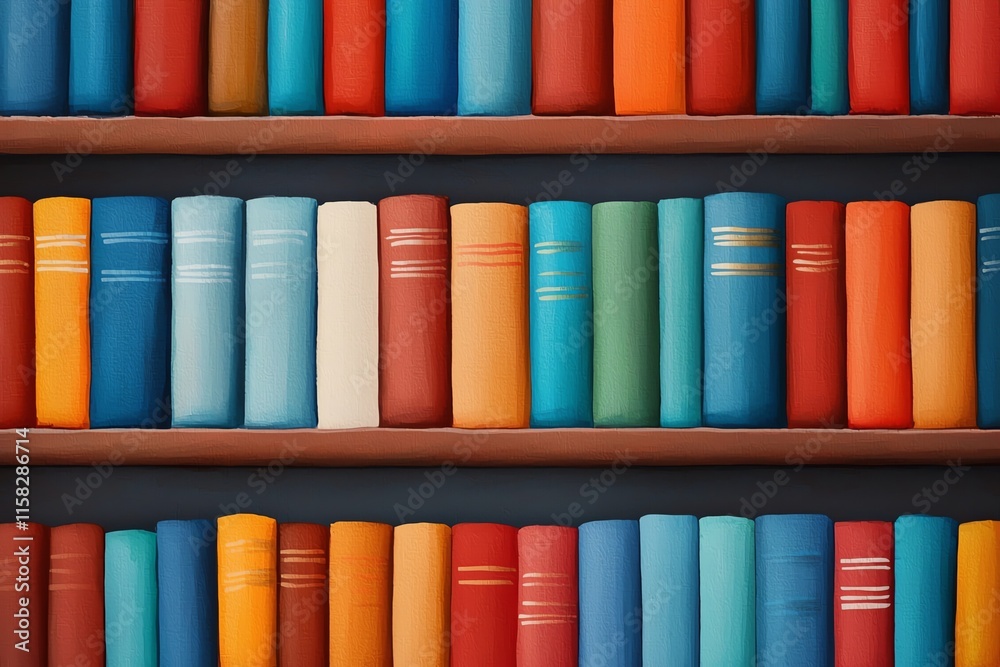 Fototapeta premium A vibrant display of books on shelves, showcasing a variety of colors and spines, creating a visually appealing and organized collection.