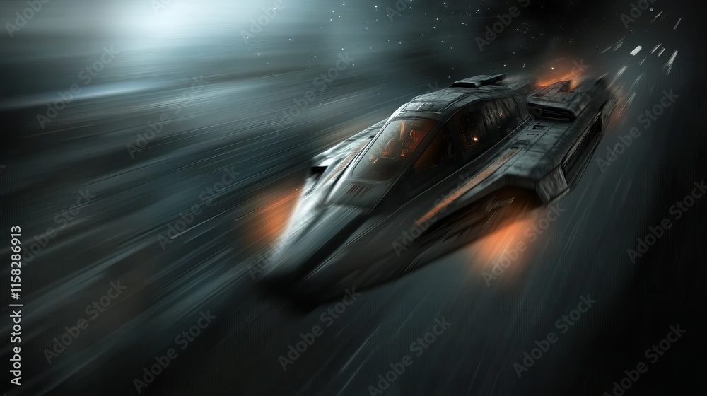 Obraz premium Futuristic spaceship soaring through the cosmos at high speed, illuminated by bright engines.