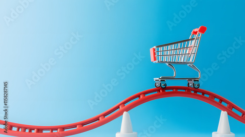 shopping cart balances on vibrant roller coaster track, symbolizing thrill of shopping. bright blue background enhances playful and adventurous mood of scene
