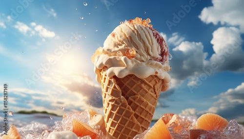 vanilla ice cream cone melting on a sunny say  photo