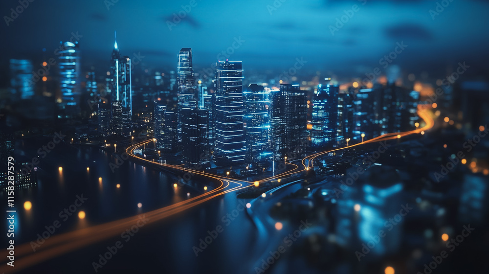 Smart Innovation city with connection cyber security network reciprocity over the night cityscape future wireless digital city and social media networking systems that connects people in the city Smart Innovation city with connection cyber security network reciprocity over the night cityscape future wireless digital city and social media networking systems that connects people in the city