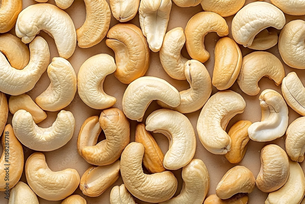 Raw and roasted cashew nuts on neutral background texture Raw and roasted cashew nuts on neutral background texture