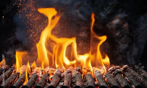 Fire burning logs background video, Full HD photo