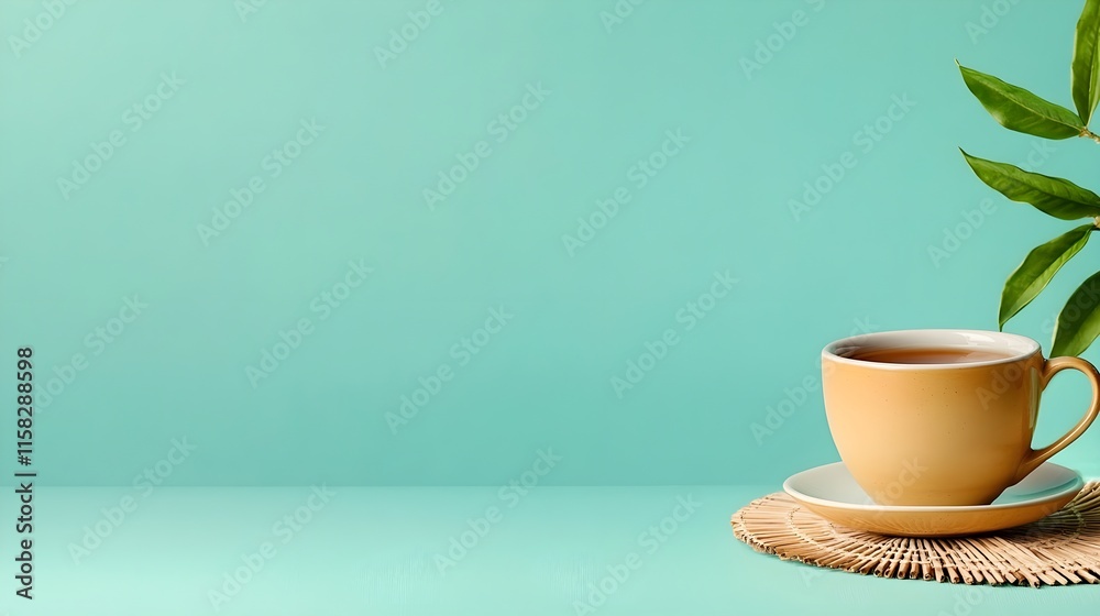 Cozy Yellow Cup of Tea on a Bamboo Mat with Green Background Cozy Yellow Cup of Tea on a Bamboo Mat with Green Background