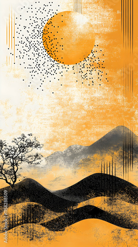 Abstract Mountain Landscape Illustration: Golden Hues and Silhouettes photo