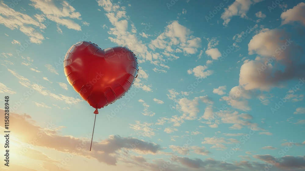 Heart Shaped Balloon Floating in a Blue Sky with Clouds Heart Shaped Balloon Floating in a Blue Sky with Clouds
