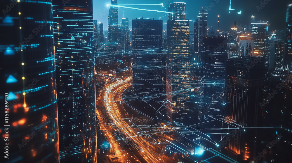 Obraz premium Smart Innovation city with connection cyber security network reciprocity over the night cityscape future wireless digital city and social media networking systems that connects people in the city