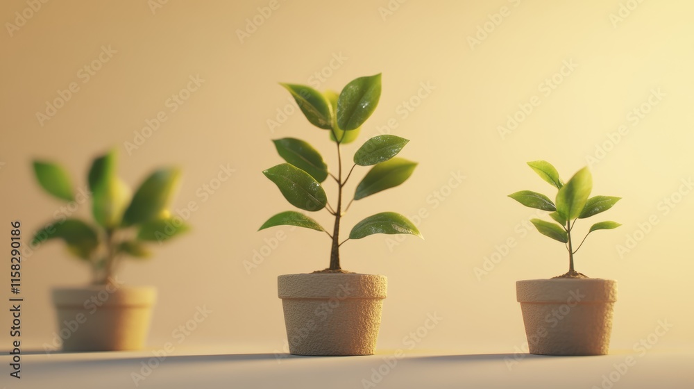 Three potted plants against a warm background, showcasing different stages of plant development, representing growth and progress. Three potted plants against a warm background, showcasing different stages of plant development, representing growth and progress.