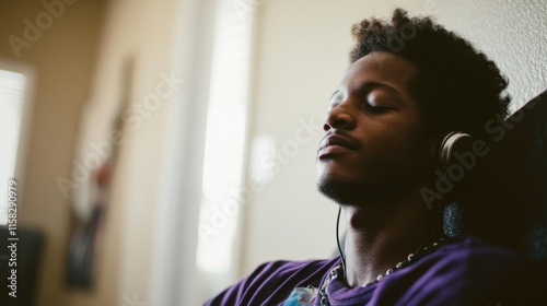 Person relaxing with headphones on, enjoying a moment of solitude and personal entertainment, embracing the power of music to rejuvenate and escape from daily stress.