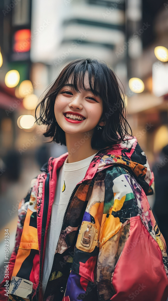 Asian woman wearing patterned jacket smiling at the camera on the street Asian woman wearing patterned jacket smiling at the camera on the street