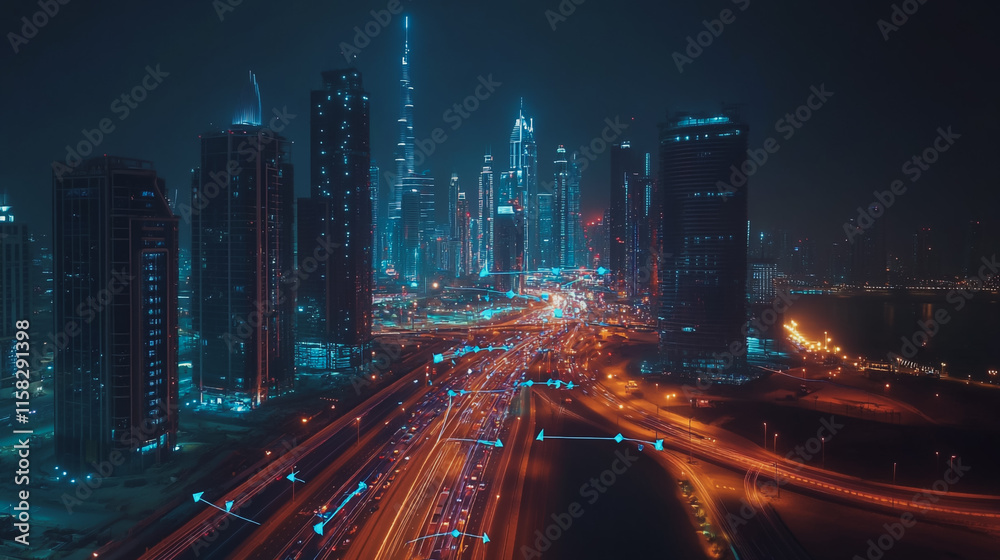 Obraz premium Smart Innovation city with connection cyber security network reciprocity over the night cityscape future wireless digital city and social media networking systems that connects people in the city