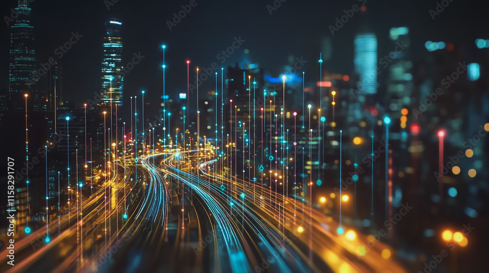 Obraz premium Smart Innovation city with connection cyber security network reciprocity over the night cityscape future wireless digital city and social media networking systems that connects people in the city